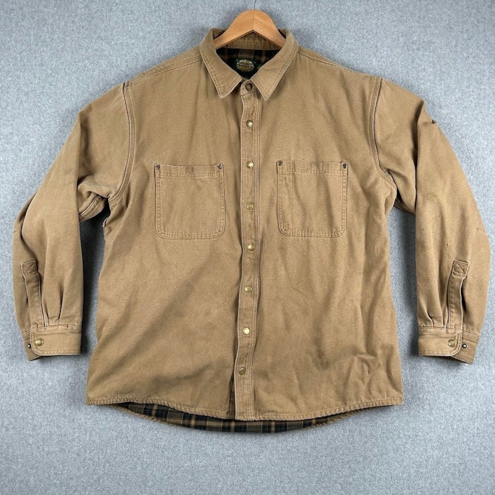 Cabelas Mens Work Flannel Lined Tan Canvas XL Tall Snap Front Shirt Heavy Duty